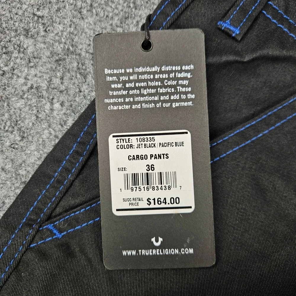 True Religion Mens Jet Black Blue Contrast Stitch Cargo Pants 108335 Size 36 NWT